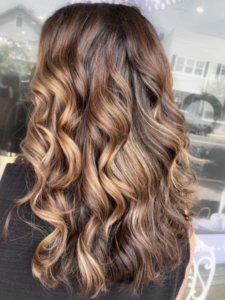 Image of  Women's Hair, Blowout, Hair Color, Balayage, Brunette Hair, Foilayage, Hair Length, Long Hair (Upper Back Length), Haircut, Layers, Hairstyle, Curls
