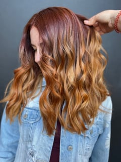 View Women's Hair, Hair Length, Long Hair (Upper Back Length), Beachy Waves, Hairstyle, Curls, Ombré, Hair Color, Red, Haircut, Layers - Amy Gulinello, Londonderry, NH