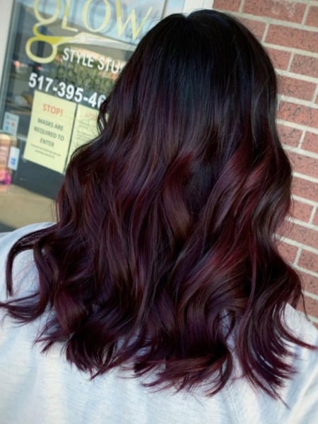 Image of  Women's Hair, Balayage, Hair Color, Black, Fashion Color, Foilayage, Brunette, Color Correction, Blowout, Red, Ombré, Highlights, Full Color, Medium Length, Hair Length, Shoulder Length, Short Chin Length, Haircuts, Curly, Layered, Beachy Waves, Hairstyles, Bridal, Curly, Natural