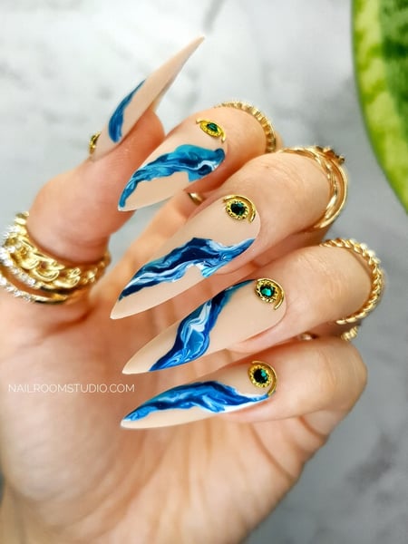 Image of  Medium, Nail Length, Nails, Long, XL, Nail Style, Nail Art, Airbrush, Hand Painted, Stamps, Color Block, Jewels, French Manicure, Mirror, Stencil, Accent Nail, Ombre, Mix-and-Match, 3D, Nail Color, Gold, Metallic, Glass, Beige, Blue, Purple, Matte, Pastel, Manicure, Nail Finish, Gel, Acrylic, Nail Shape, Arrowhead, Stiletto, Almond