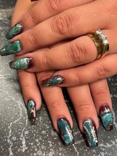 View Nails, Nail Shape, Coffin, Nail Art, Nail Style, Hand Painted, Gold, Glitter, Blue, White, Nail Color, Purple, Nail Length, Long, Gel, Nail Finish, Acrylic - Grace Thomsen, West Des Moines, IA