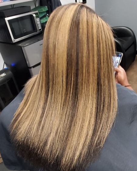 Image of  Women's Hair, Hair Color, Highlights, Long, Hair Length, Natural, Hairstyles, Silk Press, Permanent Hair Straightening
