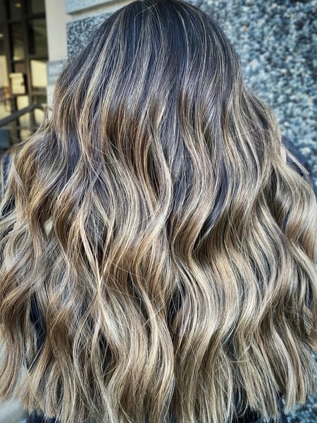 Image of  Women's Hair, Blowout, Balayage, Hair Color, Brunette, Blonde, Foilayage, Highlights, Hair Length , Long Hair (Upper Back Length), Long Hair (Mid Back Length), Layers, Haircut , Beachy Waves, Hairstyle