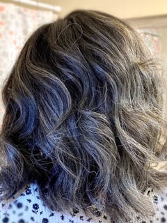 View Women's Hair, Hair Color, Balayage, Foilayage, Blonde, Silver, Shoulder Length, Hair Length, Layered, Haircuts, Beachy Waves, Hairstyles, Natural, Silk Press, Permanent Hair Straightening - Meisha Knight , Merrillville, IN