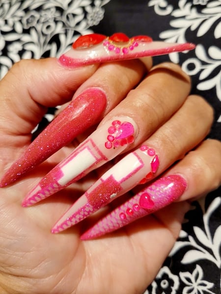 Image of  Nails, Gel, Nail Finish, XXL, Nail Length, Beige, Nail Color, Neon, Pink, White, Nail Jewels, Nail Style, Mix-and-Match, Stiletto, Nail Shape