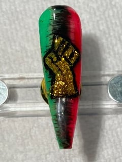 View Nails, Manicure, Gel, Nail Finish, Long, Nail Length, Black, Nail Color, Green, Glitter, Gold, Red, Accent Nail, Nail Style, Hand Painted, Coffin, Nail Shape - Dejah Shanel, Plainfield, IL