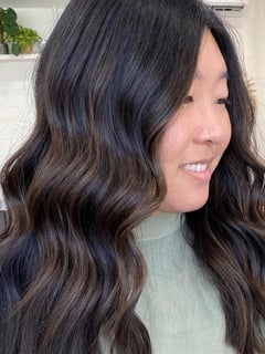 View Brunette Hair, Hairstyle, Beachy Waves, Haircut, Layers, Hair Length, Long Hair (Mid Back Length), Highlights, Hair Color, Women's Hair - Fiona , San Diego, CA