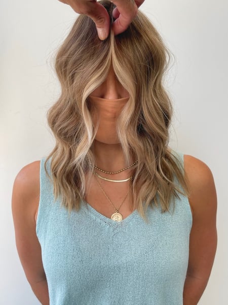 Image of  Women's Hair, Blowout, Hair Color, Balayage, Blonde, Foilayage, Full Color, Highlights, Shoulder Length, Hair Length, Blunt, Haircuts, Hairstyles, Beachy Waves