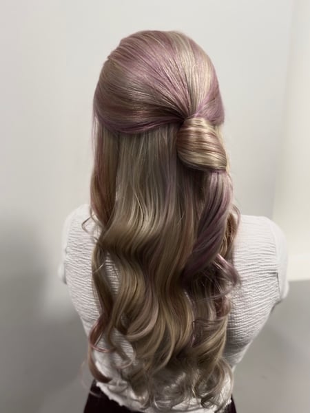 Image of  Women's Hair, Color Correction, Hair Color, Fashion Hair Color, Silver, Hair Length, Long Hair (Mid Back Length), Blunt (Women's Haircut), Haircut, Beachy Waves, Hairstyle