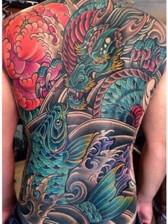View Tattoos, Tattoo Style, Tattoo Bodypart, Tattoo Colors, Japanese, Back, Blue, Gold, Purple , Red - Terry Ribera, San Diego, CA