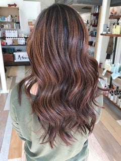 View Haircut, Women's Hair, Layers, Blowout, Beachy Waves, Hairstyle, Curls, Highlights, Hair Color, Balayage, Brunette Hair, Foilayage, Long Hair (Mid Back Length), Hair Length - Spencer Sherrard, Frederick, MD