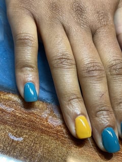 View Nail Finish, Gel, Manicure, Blue, Nail Color, Yellow, Nail Style, Nails, Nail Length, Short, Nail Shape, Squoval - LaKisha Dillingham, Upper Marlboro, MD