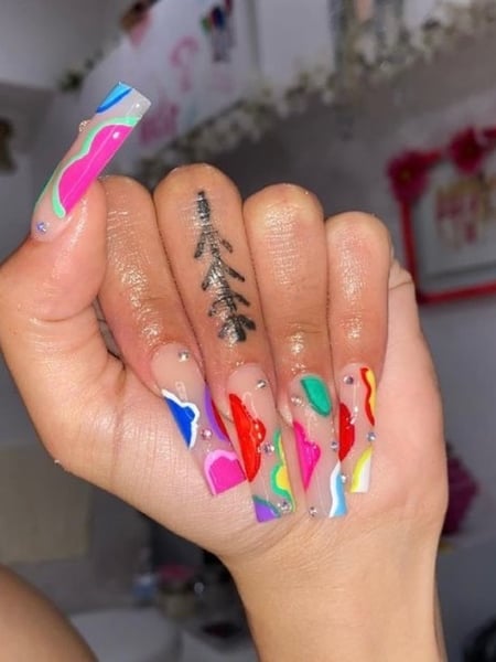 Image of  Nails, Acrylic, Nail Finish, XL, Nail Length, Beige, Nail Color, Green, Red, Purple, White, Yellow, Orange, Pink, Light Green, Blue, Hand Painted, Nail Style, Jewels, Color Block