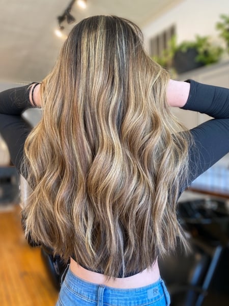 Image of  Women's Hair, Blowout, Balayage, Hair Color, Blonde, Foilayage, Highlights, Ombré, Hair Length, Long, Bangs, Haircuts, Layered, Beachy Waves, Hairstyles, Curly