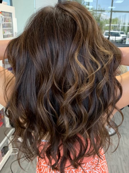 Image of  Women's Hair, Balayage, Hair Color, Brunette, Highlights, Long, Hair Length, Curly, Haircuts, Layered, Beachy Waves, Hairstyles