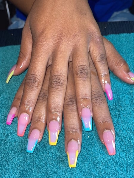 Image of  Nails, Acrylic, Nail Finish, Long, Nail Length, Pink, Nail Color, Pastel, Purple, Orange, Yellow, Blue, French Manicure, Nail Style, Hand Painted, Coffin, Nail Shape