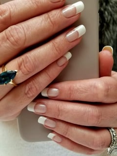 View Squoval, Nail Shape, Nails, Manicure, Gel, Nail Finish, Long, Nail Length, White, Nail Color, French Manicure, Nail Style, Hand Painted - Patsy Mulvihill, Scottsdale, AZ