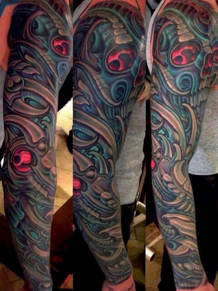 Image of  Shoulder, Arm , Forearm , Wrist , Blue, Red, Tattoos, Tattoo Style, Tattoo Bodypart, Tattoo Colors, Japanese