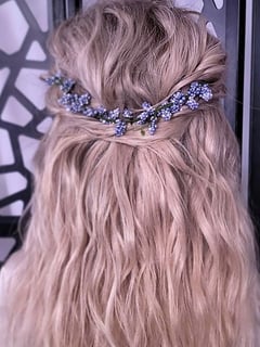 View Blonde, Bridal Hair, Hairstyle, Beachy Waves, Hair Length, Long Hair (Mid Back Length), Hair Color, Women's Hair - Jessica Lopez, Las Vegas, NV