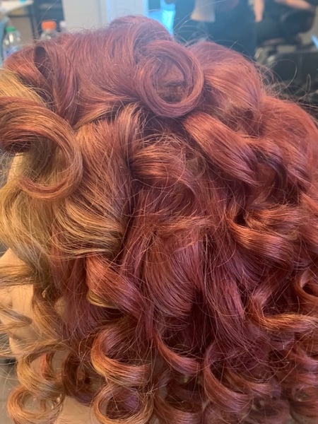 Image of  Coily, Haircuts, Women's Hair, Layered, Curly, Blowout, Boho Chic Braid, Hairstyles, Natural, Curly, Hair Color, Red, Fashion Color
