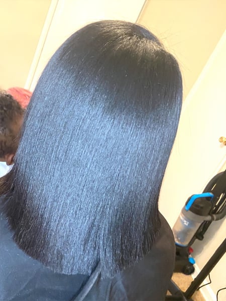 Image of  Blunt, Haircuts, Women's Hair, Silk Press, Permanent Hair Straightening, Straight, Hairstyles, Black, Hair Color, Shoulder Length, Hair Length