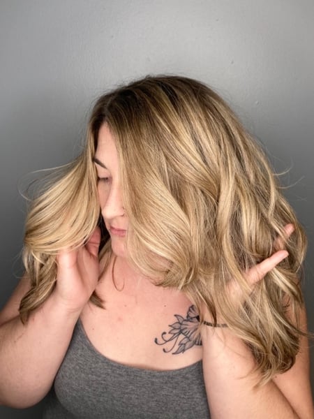Image of  Women's Hair, Blowout, Hair Color, Balayage, Blonde, Foilayage, Highlights, Ombré, Medium Length, Hair Length, Layered, Haircuts, Beachy Waves, Hairstyles