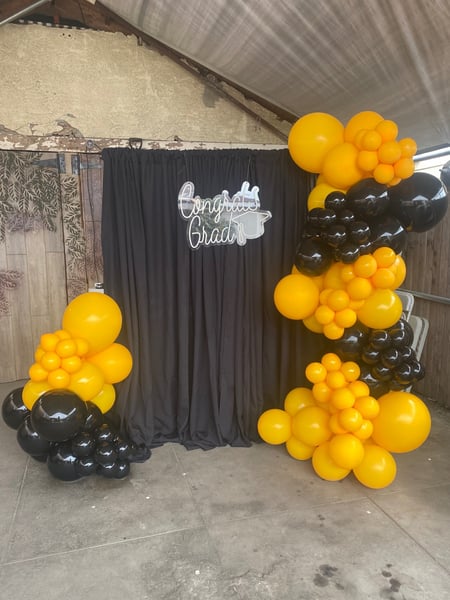 Image of  Balloon Decor, Arrangement Type, Helium Bouquet, Balloon Composition, Balloon Garland, Event Type, Birthday, Baby Shower, Graduation, Holiday, Valentine's Day, Corporate Event, Colors, Black, Yellow, Accents, Lighted Signs
