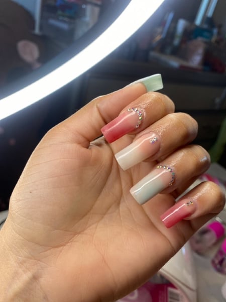 Image of  Manicure, Nails, Nail Length, Medium, Nail Style, Ombré, White, Nail Color, Blue, Pink, Red, Gel, Nail Finish, Acrylic, Square, Nail Shape