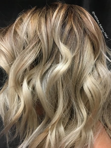 Image of  Women's Hair, Blonde, Hair Color, Color Correction, Foilayage, Full Color, Highlights, Hair Length, Shoulder Length, Bob, Haircuts, Beachy Waves, Hairstyles