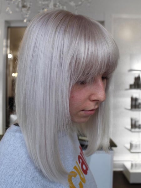 Image of  Women's Hair, Balayage, Hair Color, Blonde, Color Correction, Full Color, Highlights, Silver, Shoulder Length, Hair Length, Medium Length, Bangs, Haircuts, Blunt, Layered, Straight, Hairstyles