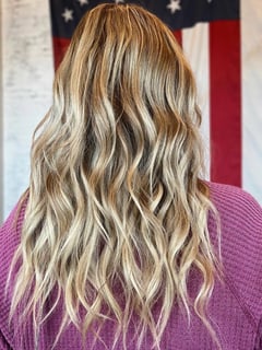 View Hair Length, Hair Extensions, Hairstyle, Beachy Waves, Long Hair (Mid Back Length), Highlights, Blonde, Hair Color, Women's Hair - Sam Donato, Spring, TX