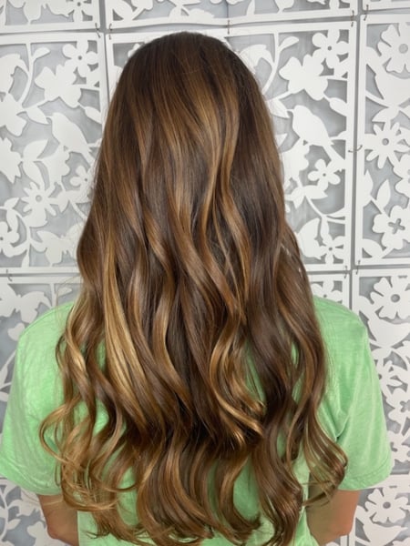 Image of  Women's Hair, Hair Color, Blowout, Balayage, Brunette, Highlights, Long, Hair Length, Haircuts, Curly, Hairstyles