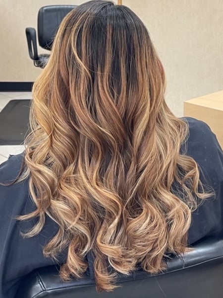 Image of  Women's Hair, Hair Color, Balayage, Color Correction, Blonde, Foilayage, Long, Hair Length, Curly, Haircuts, Layered, Beachy Waves, Hairstyles, Curly, Hair Restoration
