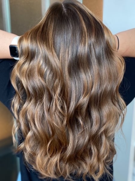 Image of  Women's Hair, Blowout, Hair Color, Balayage, Brunette, Hair Length, Long, Haircuts, Hairstyles, Beachy Waves, Curly