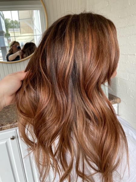 Image of  Women's Hair, Balayage, Hair Color, Brunette, Red, Highlights, Foilayage, Ombré