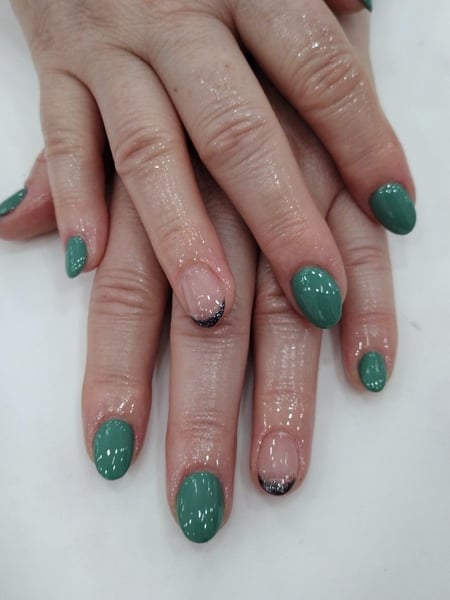 Image of  Nails, Manicure, Acrylic, Nail Finish, Short, Nail Length, Black, Nail Color, Glitter, Green, Accent Nail, Nail Style, French Manicure, Nail Art, Almond, Nail Shape, Oval, Round, Treatment, Paraffin Treatment