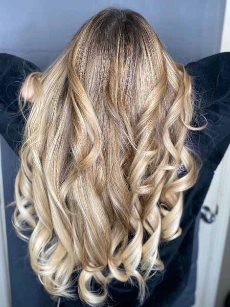 Image of  Curly, Haircuts, Women's Hair, Layered, Blowout, Beachy Waves, Hairstyles, Hair Extensions, Hair Color, Highlights, Foilayage, Brunette, Color Correction, Ombré, Blonde, Balayage, Medium Length, Hair Length