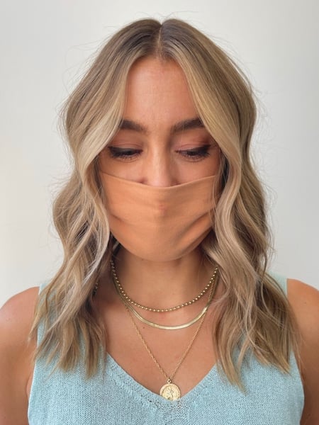 Image of  Women's Hair, Blowout, Hair Color, Foilayage, Full Color, Highlights, Blonde, Hair Length, Shoulder Length, Haircuts, Blunt, Hairstyles, Beachy Waves