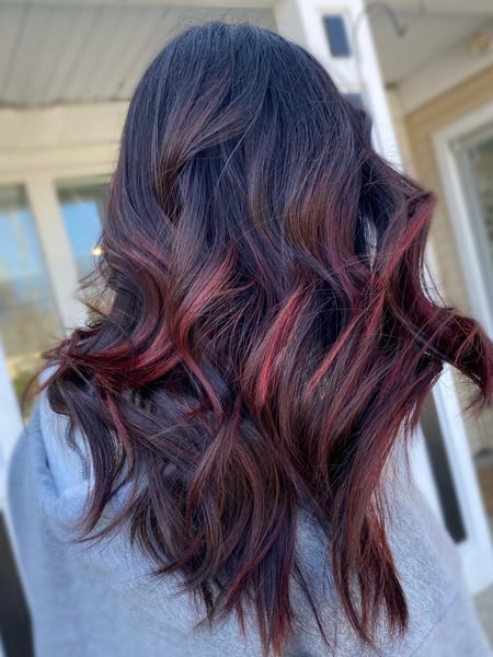 Image of  Women's Hair, Blowout, Hair Color, Balayage, Fashion Color, Foilayage, Red, Medium Length, Hair Length, Shoulder Length, Haircuts, Layered, Beachy Waves, Hairstyles