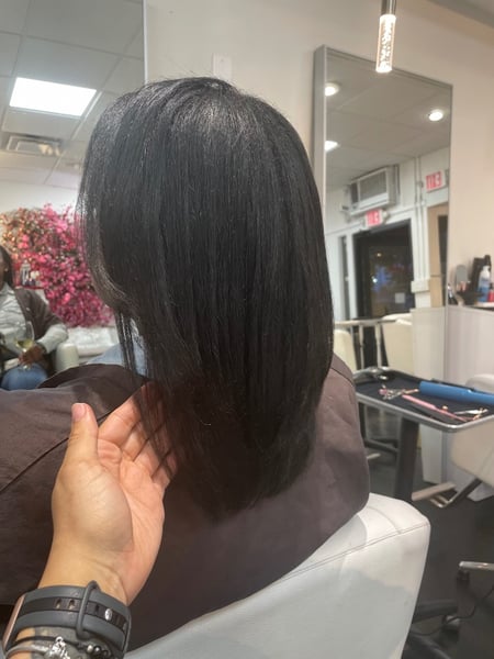 Image of  Shoulder Length, Hair Length, Women's Hair, Blunt, Haircuts, Bangs, Coily, Black, Hair Color, Blowout, Hairstyles, Straight, Protective, Natural, 4B, Hair Texture, Silk Press, Permanent Hair Straightening, Hair Restoration