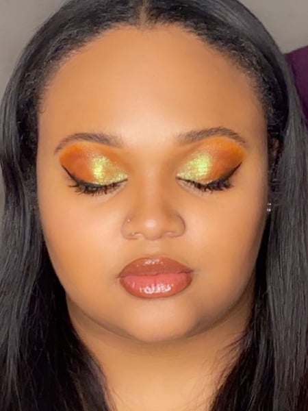 Image of  Makeup, Skin Tone, Brows, Light Brown, Look, Glam Makeup, Colors, Brow Shaping, Orange, Gold, Glitter, Arched