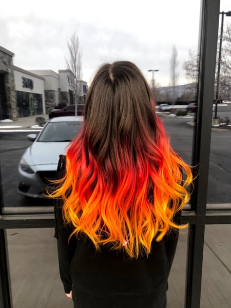 Image of  Women's Hair, Balayage, Hair Color, Fashion Color, Foilayage, Ombré, Red, Medium Length, Hair Length, Long, Layered, Haircuts, Beachy Waves, Hairstyles