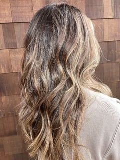 View Curls, Hairstyle, Women's Hair, Brunette Hair, Hair Color, Foilayage, Balayage, Long Hair (Mid Back Length), Hair Length - Tracy Ingold, Salem, OR