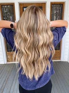 View Women's Hair, Foilayage, Hair Color, Balayage, Blonde, Highlights, Long, Hair Length, Beachy Waves, Hairstyles - Kayley Bell, Griffin, GA
