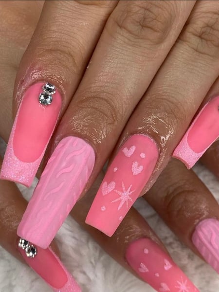 Image of  Nails, Gel, Pink, Hand Painted, Glitter, Nail Style, Nail Color, Nail Length, Nail Finish, Mirrored, Long, Nail Shape, Square