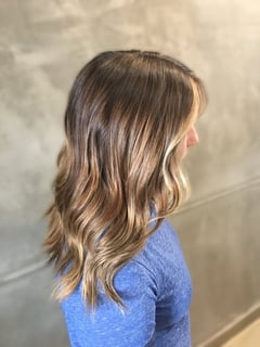 View Foilayage, Hair Color, Brunette, Hairstyles, Beachy Waves, Blowout, Women's Hair, Haircuts, Layered, Full Color, Highlights - Julia Cone, Discovery Bay, CA
