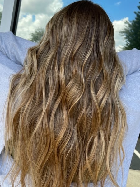 Image of  Women's Hair, Blowout, Hair Color, Balayage, Brunette, Foilayage, Highlights, Hair Length, Long, Curly, Haircuts, Layered, Beachy Waves, Hairstyles, Curly