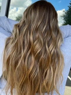 View Curly, Curls, Hairstyle, Beachy Waves, Layers, Haircut, Long Hair (Mid Back Length), Hair Length, Highlights, Foilayage, Brunette Hair, Balayage, Hair Color, Blowout, Women's Hair - Ashley Blevins, Oviedo, FL