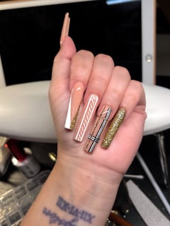 View Glass, Metallic, Light Green, Neon, Gold, Clear, Brown, Orange, Red, Pastel, Glitter, Matte, Yellow, White, Black, Nail Color, Nail Jewels, Color Block, Hand Painted, Mix-and-Match, Ombré, Reverse French, Nail Style, Nail Art, XL, XXL, Long, Nails, Nail Length, Medium, Coffin, Accent Nail, Nail Shape, Square, Nail Finish, Acrylic, Pink, Purple, Blue, Green, Beige - Cheyenne Garcia, Katy, TX