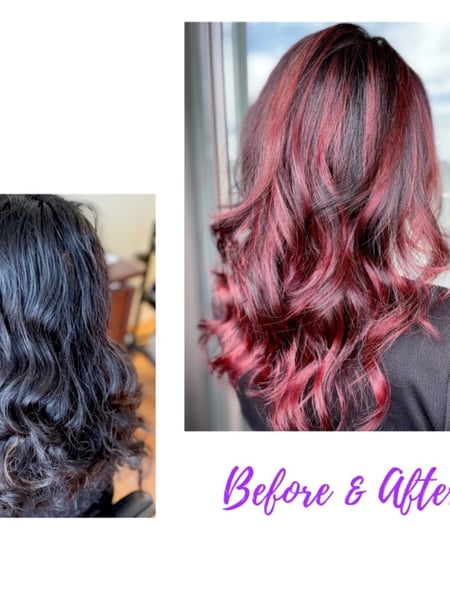 Image of  Women's Hair, Hair Color, Balayage, Black, Brunette, Color Correction, Foilayage, Full Color, Highlights, Ombré, Red